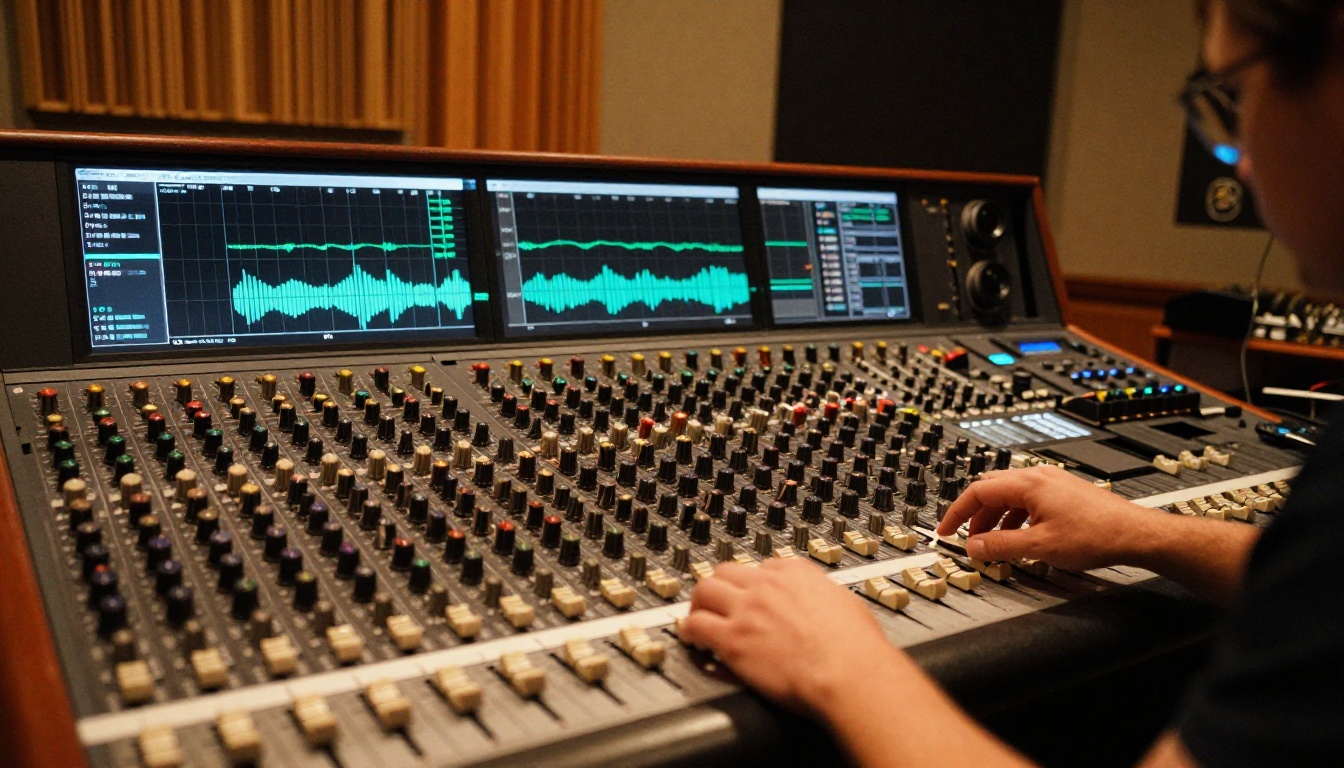 Audio engineer adjusting sound design at professional mixing console