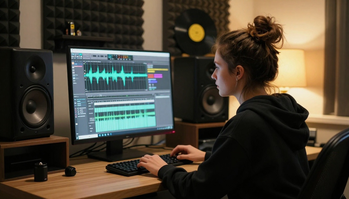 Music producer in her late twenties at professional audio workstation with monitor speakers and waveform display on multiple screens, warm amber lamp lighting
