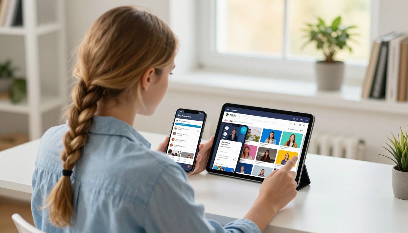 Social media manager reviewing AI content creation apps on multiple phone screens at bright white desk with window light and houseplants in background