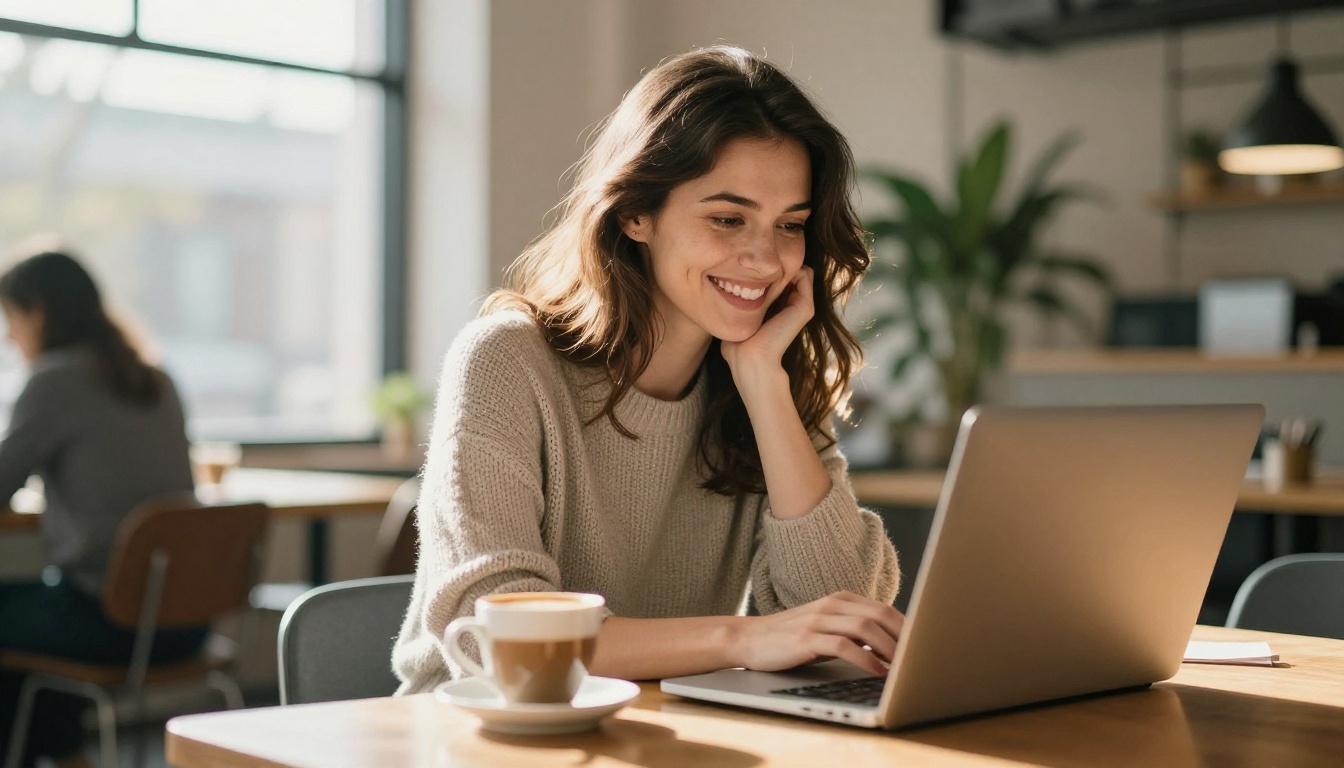 Creative professional woman using AI video tools on laptop in modern workspace