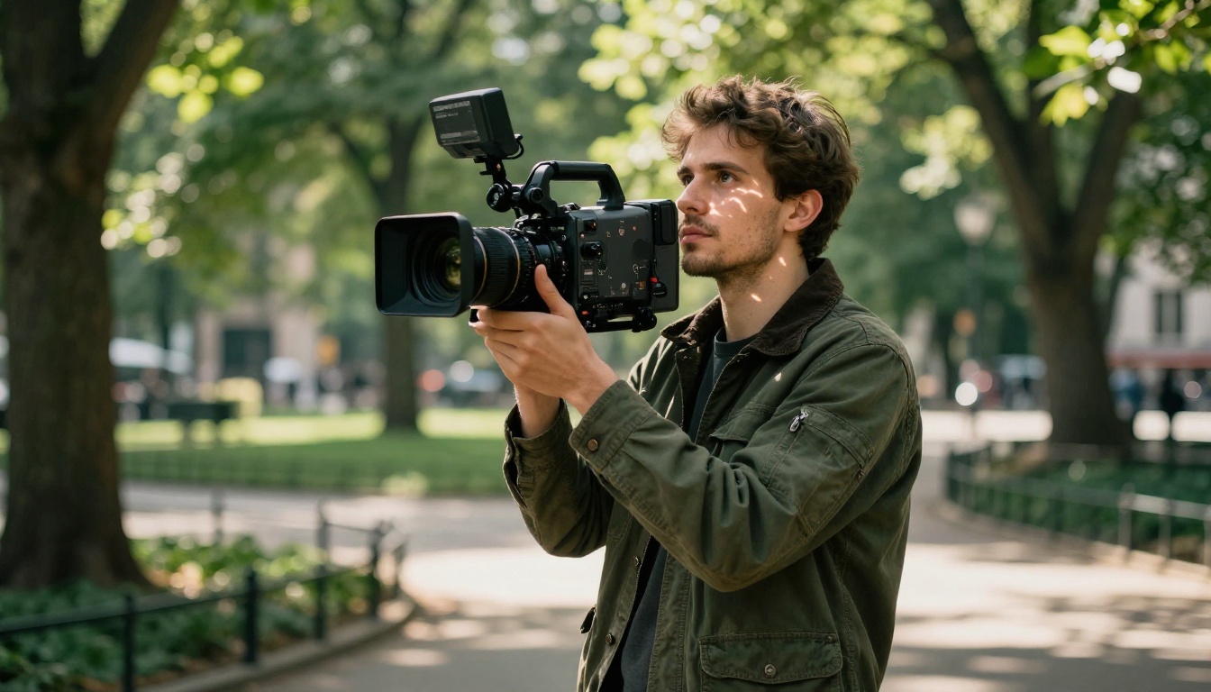 Young male cinematographer carrying cinema camera on shoulder in lush green urban park, dappled morning sunlight through tree canopy creating natural light patches