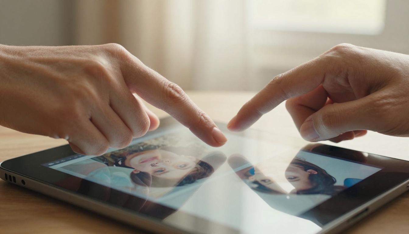 Hand touching tablet screen showing AI image comparison Hand touching tablet screen showing AI image comparison
