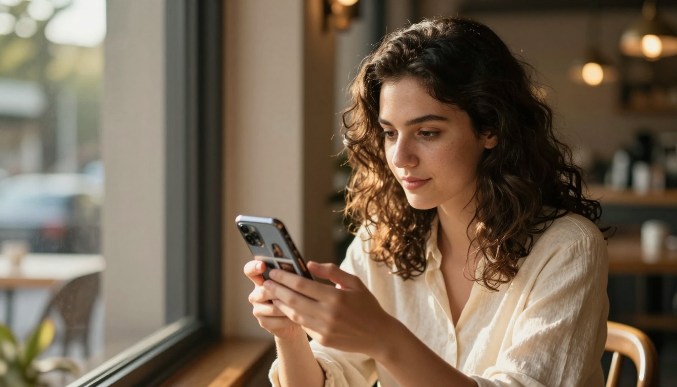 Woman examining AI images on smartphone at a cafe window in golden hour light Woman examining AI images on smartphone at a cafe window in golden hour light