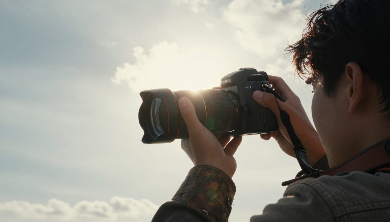 Photographer with camera held up against cloudy sky, dramatic low-angle perspective Photographer with camera held up against cloudy sky, dramatic low-angle perspective