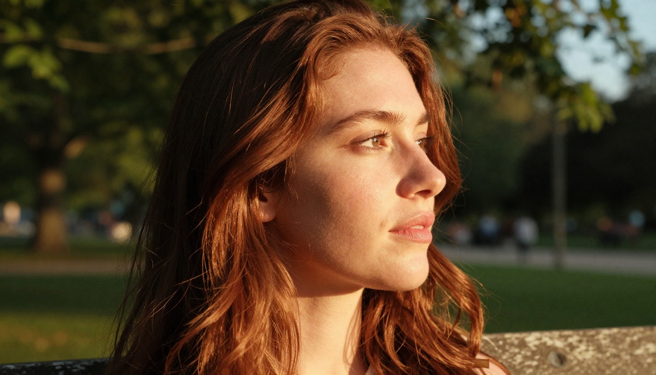 Side profile portrait of woman with auburn hair in golden hour park setting