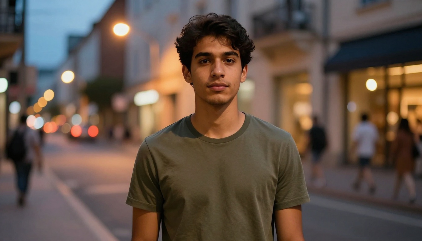 Young man at dusk on urban street, warm lamplight, environmental portrait