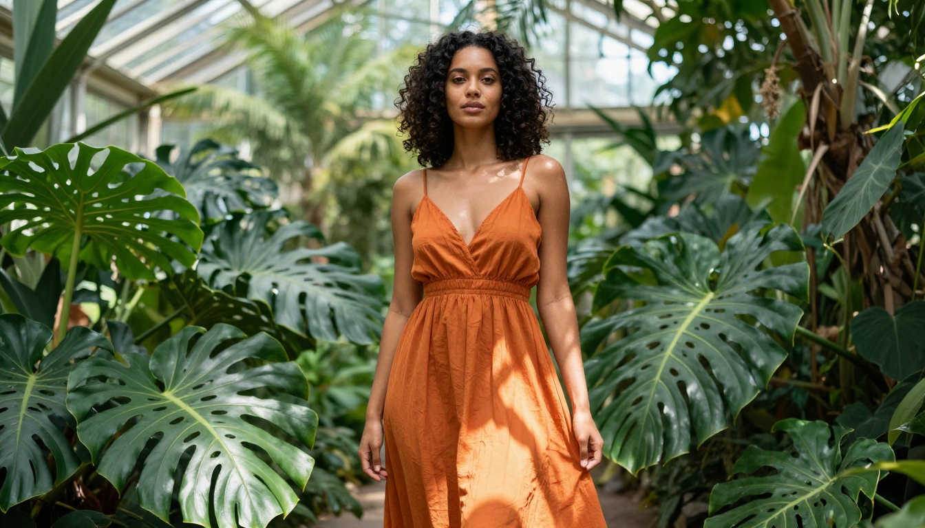 Woman in botanical garden with curly hair, natural light through glass ceiling