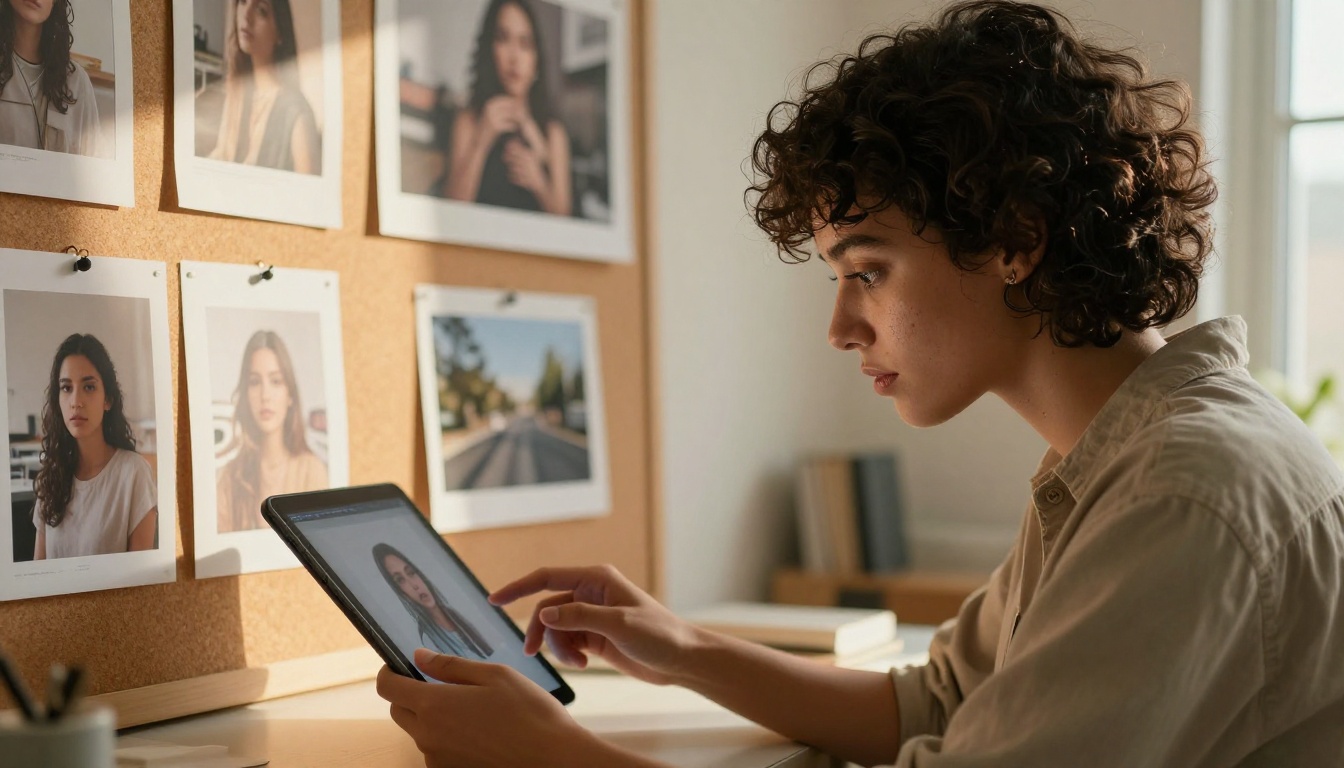 Creative professional reviewing AI-generated artwork on a tablet in a bright studio