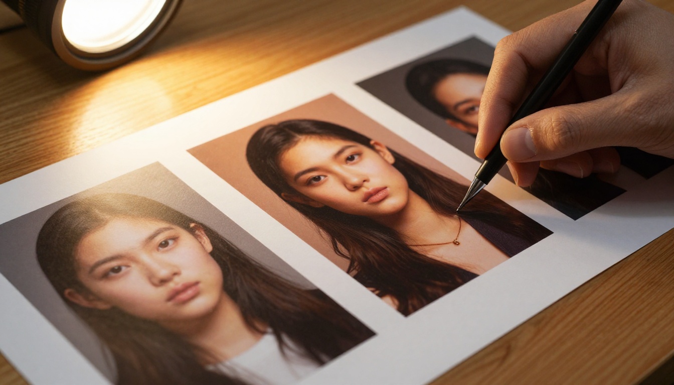 Photographer comparing two AI-generated printed photos on a wooden table