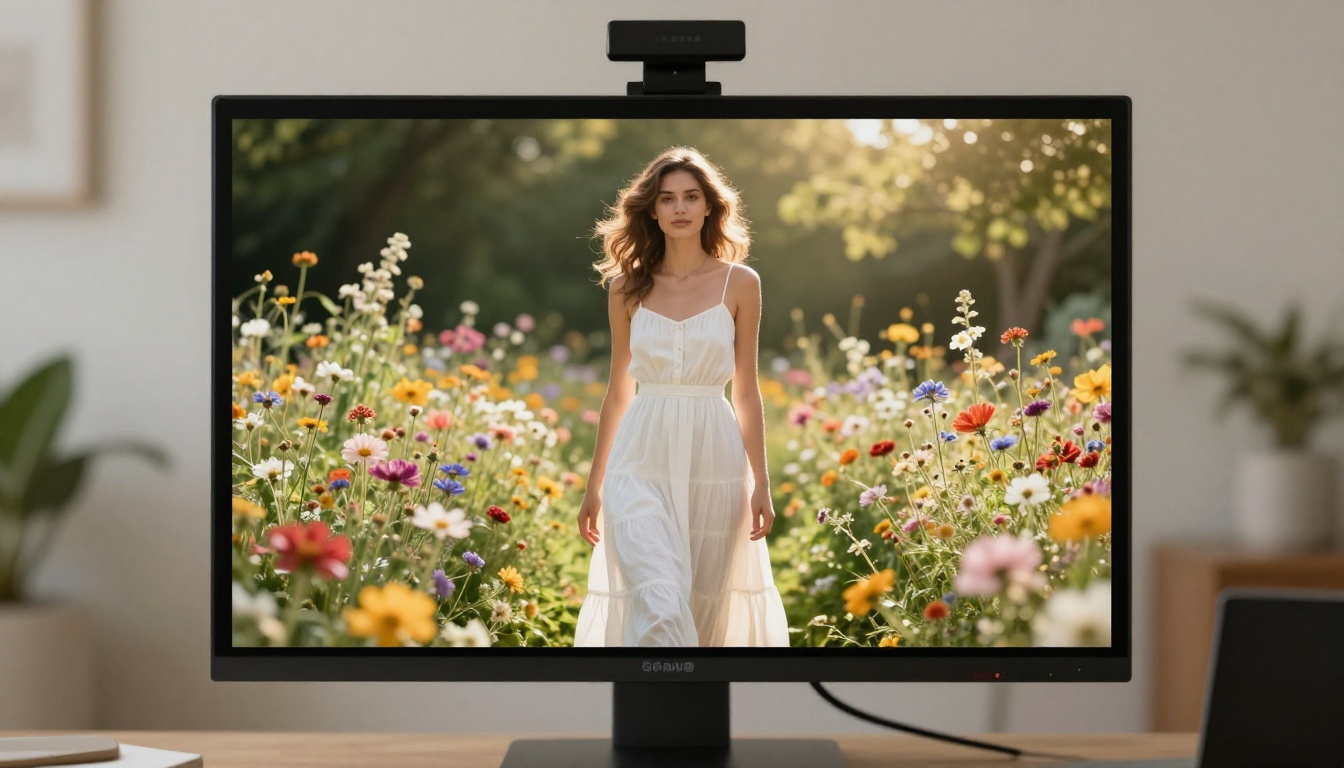 AI-generated image of elegant woman in garden displayed on studio monitor