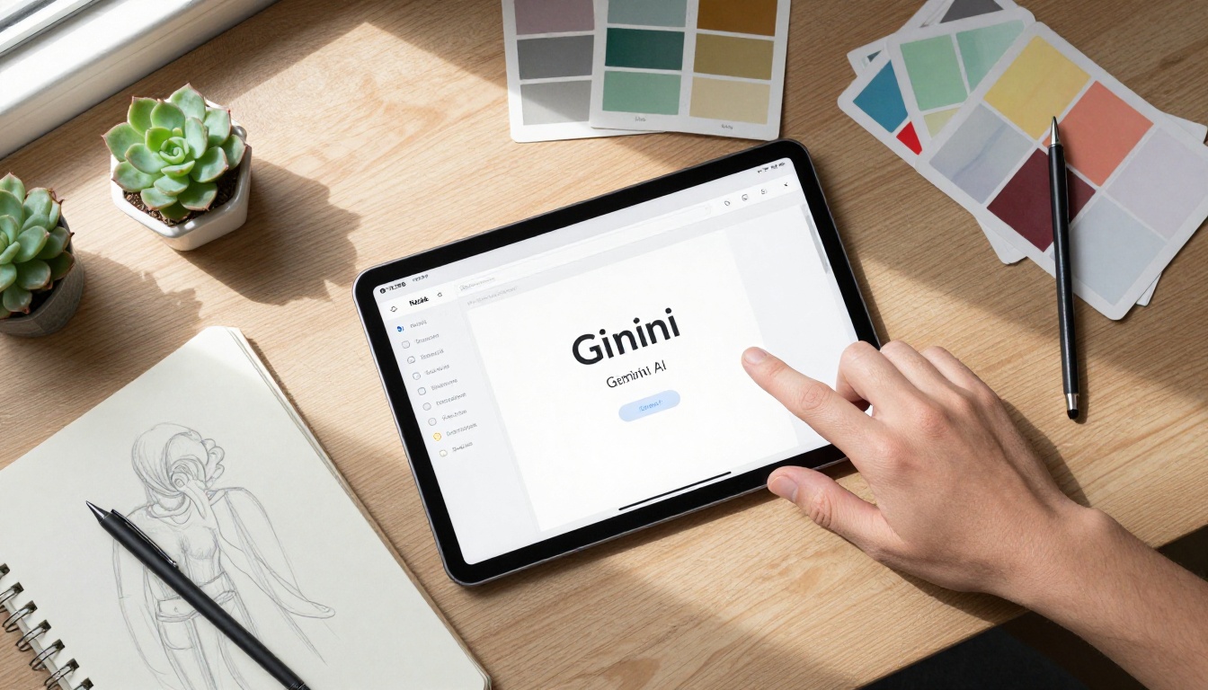 Aerial top-down view of creative workspace with tablet showing AI interface