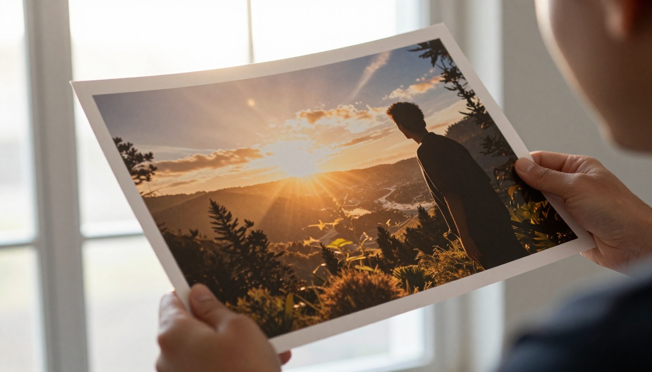 Designer holding printed large-format AI image against bright window backlighting