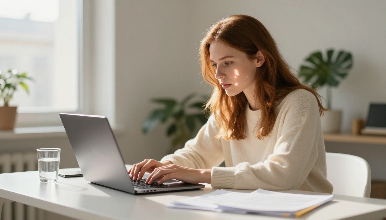 Young woman with auburn hair typing on laptop in sunlit minimalist apartment