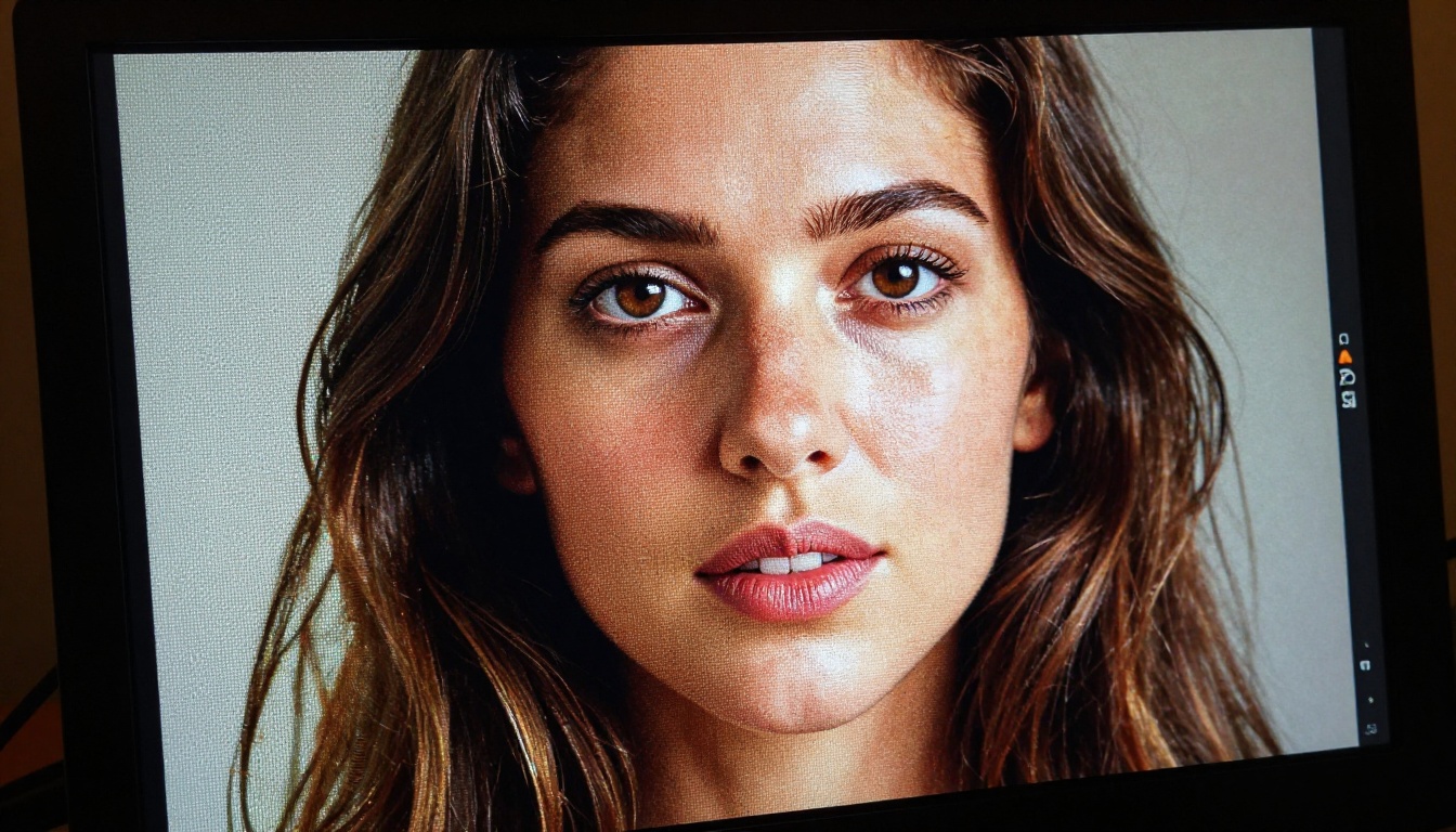 Close-up of AI portrait displayed on professional monitor revealing fine pixel detail