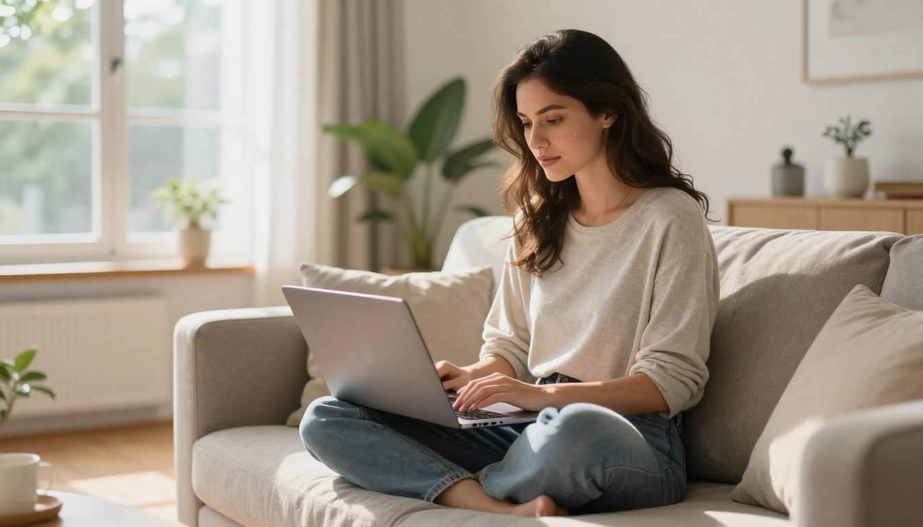 Attractive woman browsing AI image generation results on laptop in bright airy living room
