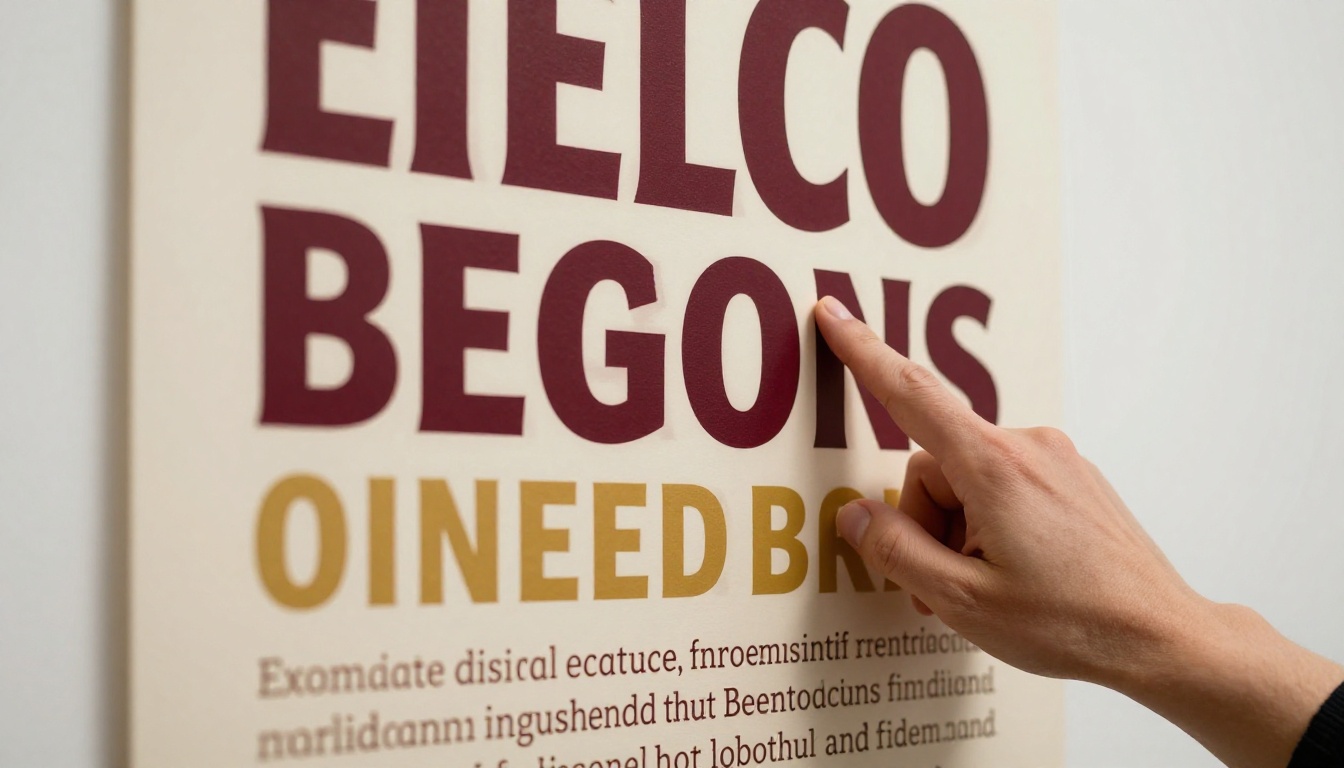 Designer's hand pointing to a large-format typographic poster with bold serif letters in deep burgundy and gold on cream paper Designer's hand pointing to a large-format typographic poster with bold serif letters in deep burgundy and gold on cream paper