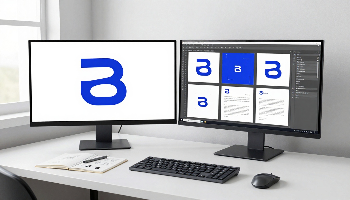 Professional designer's dual-monitor setup showing cobalt blue vector logo with anchor points in Illustrator on one screen and brand mockups on the other Professional designer's dual-monitor setup showing cobalt blue vector logo with anchor points in Illustrator on one screen and brand mockups on the other
