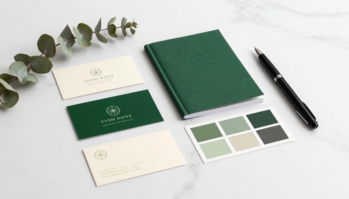 Overhead flat-lay brand identity presentation on white marble with business cards, letterhead, brand guidebook, and color swatches in forest green and ivory Overhead flat-lay brand identity presentation on white marble with business cards, letterhead, brand guidebook, and color swatches in forest green and ivory