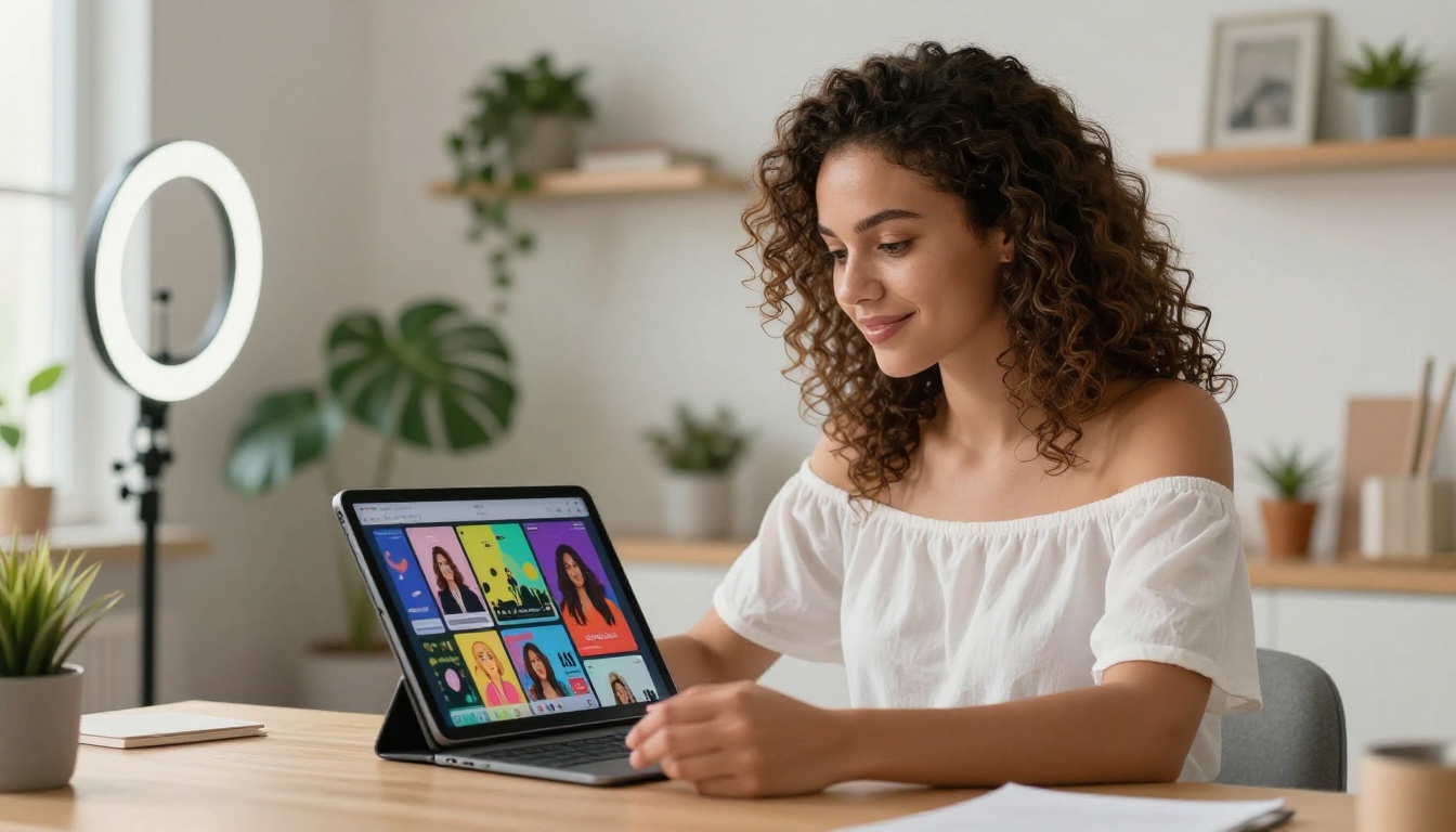 Young woman in white off-shoulder top smiling as she reviews colorful AI-generated social media graphics on a large tablet in a bright airy home studio