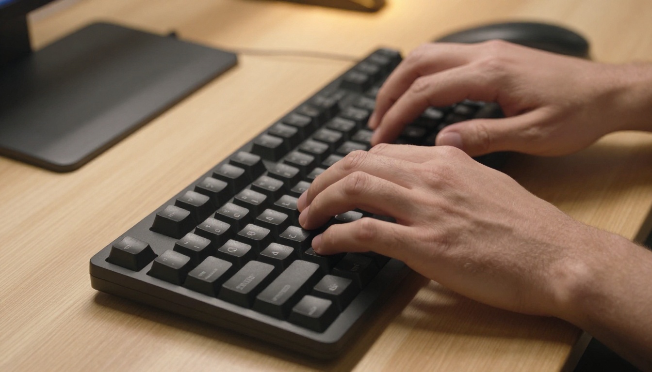 Extreme close-up of a designer's hands typing on a matte black mechanical keyboard with a Wacom tablet visible to the left, warm overhead lamp light catching each knuckle