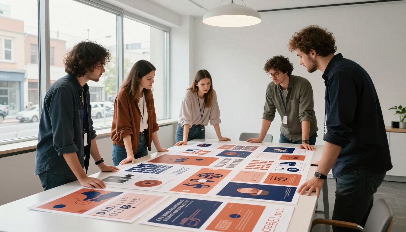 Wide shot of four designers in a creative agency conference room reviewing printed marketing campaign materials spread on a long white table with floor-to-ceiling windows