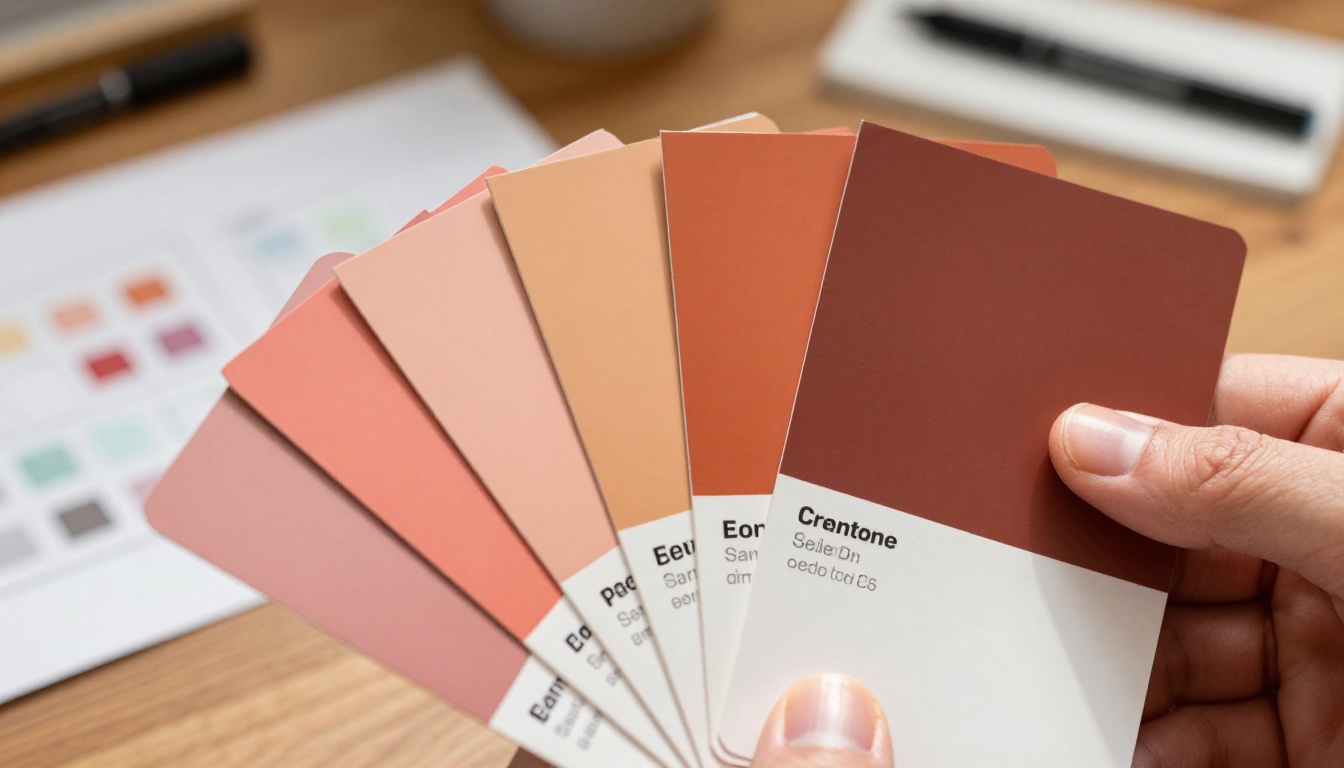 Close-up of a Pantone color fan deck held open showing warm coral, dusty rose, terracotta, and burnt sienna color chips in soft natural directional light