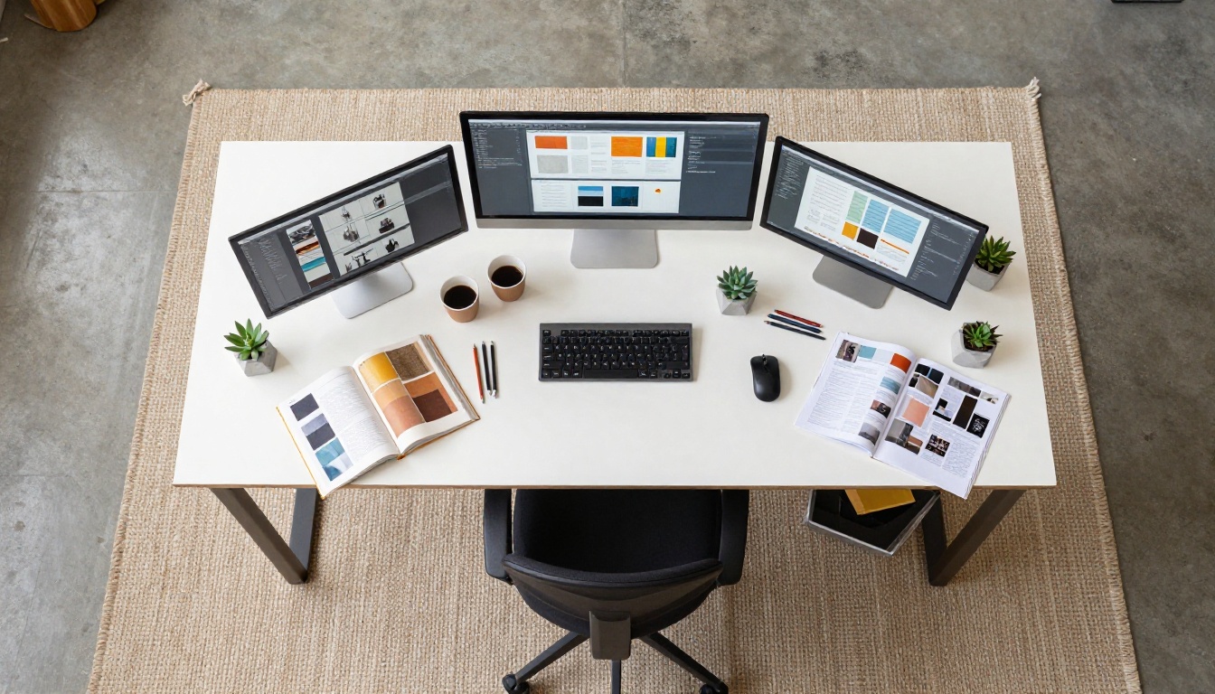 Aerial overhead view of a creative studio workspace with two monitors showing design work, open design books, mood boards, and succulent plants in geometric pots Aerial overhead view of a creative studio workspace with two monitors showing design work, open design books, mood boards, and succulent plants in geometric pots
