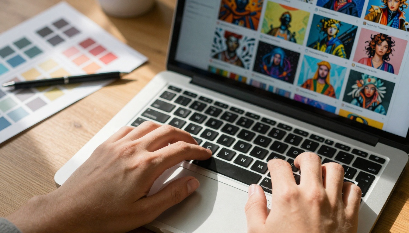Close-up hands typing on laptop with AI artwork grids on screen