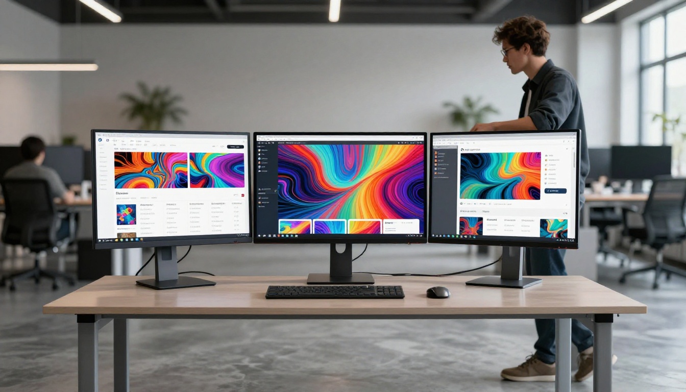 Three side-by-side monitors displaying different AI image platform interfaces