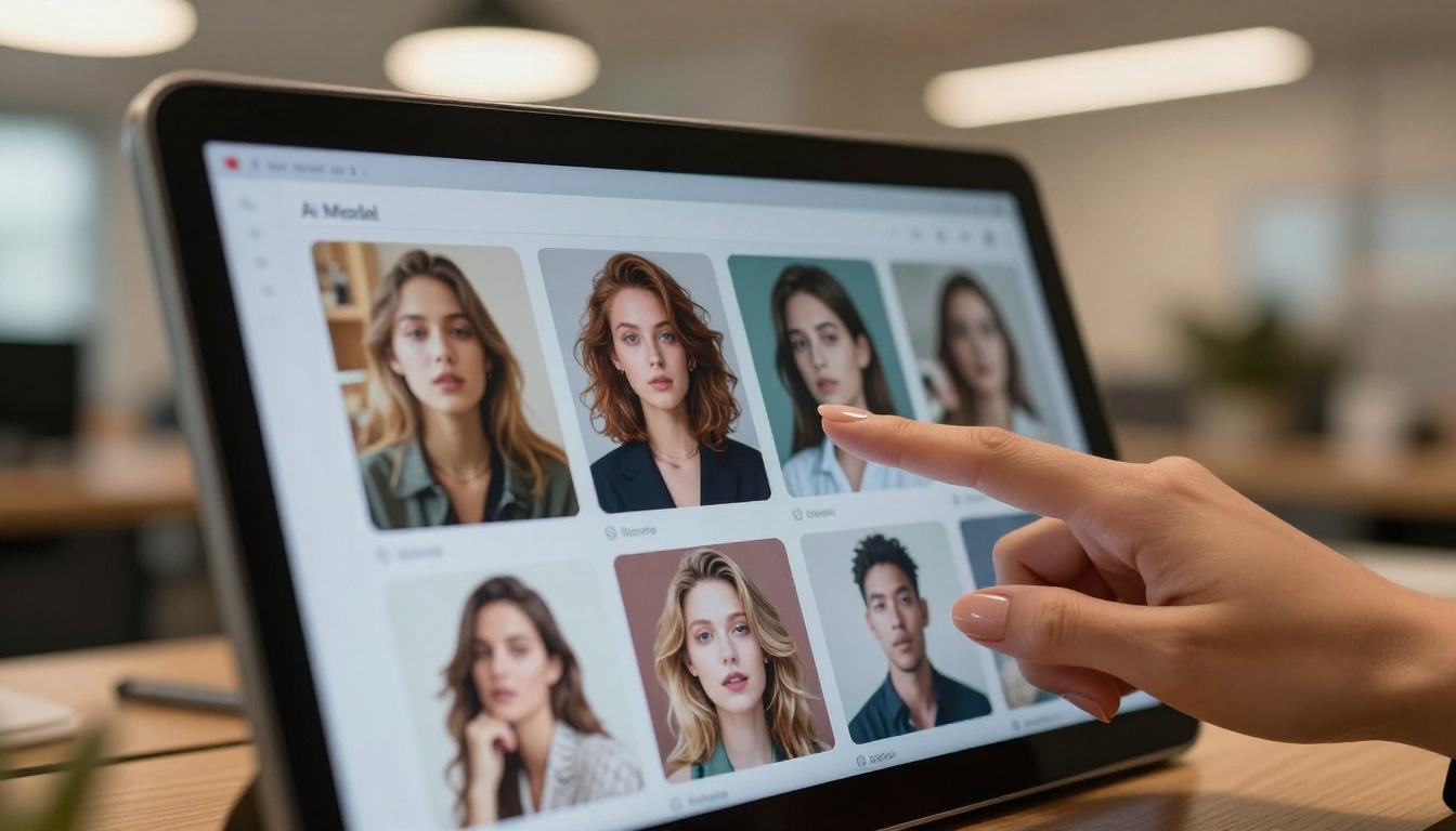 Woman's hand tapping touchscreen displaying AI model selection interface