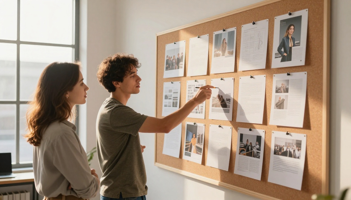 Two colleagues reviewing AI-generated images pinned to a cork board in a bright studio