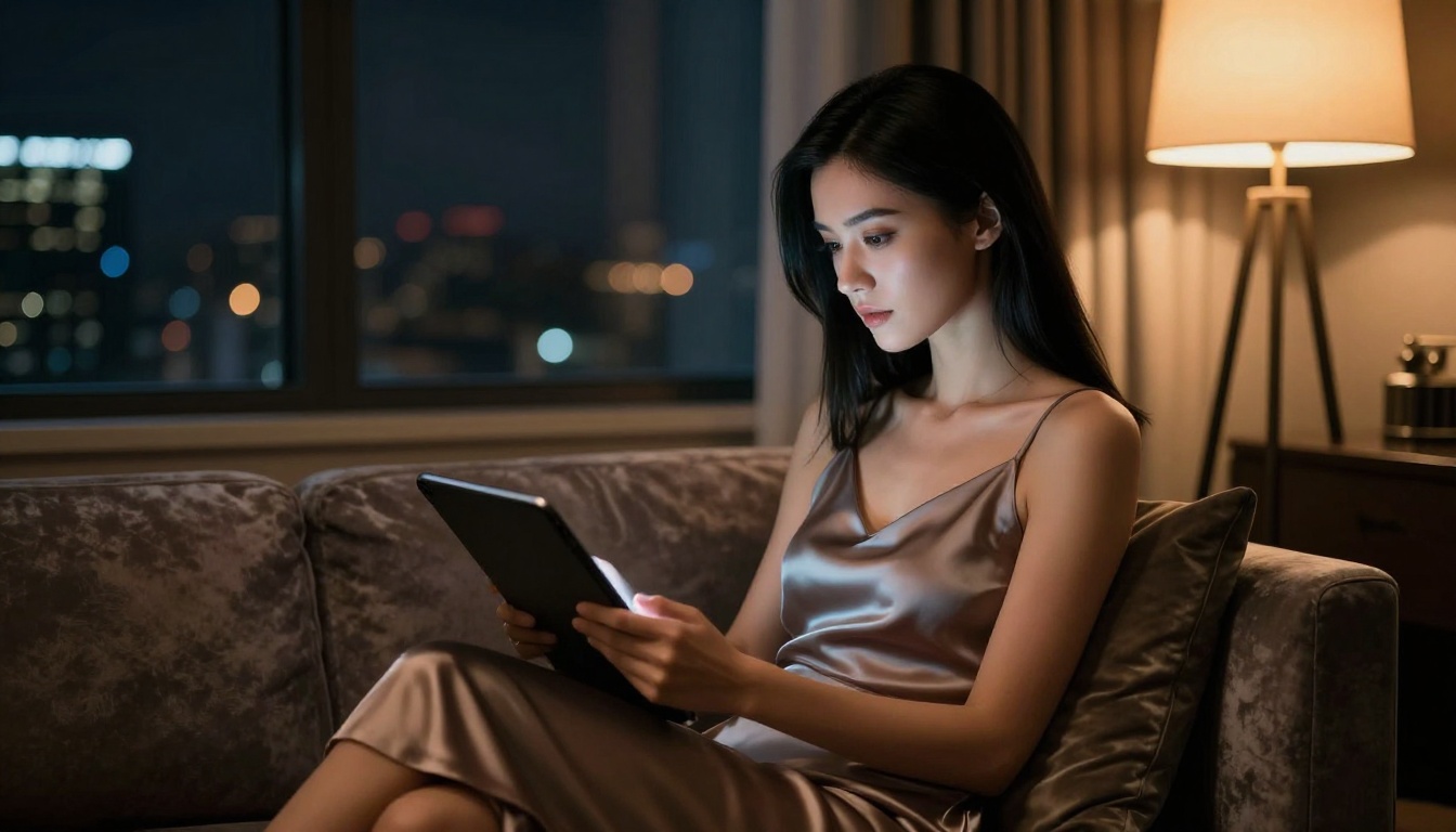 Elegant woman reading from a tablet in a warmly lit apartment