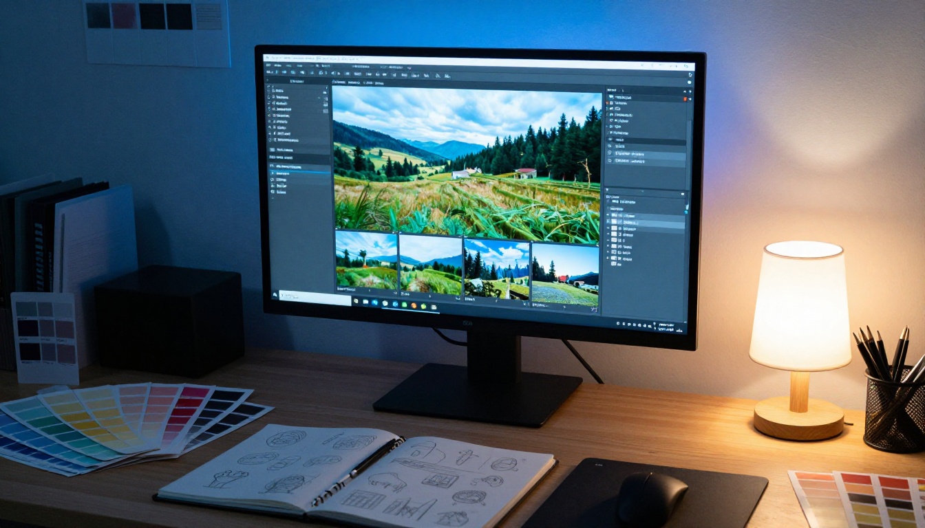 Overhead wide-angle view of creative studio workspace with AI image comparison grid on monitor