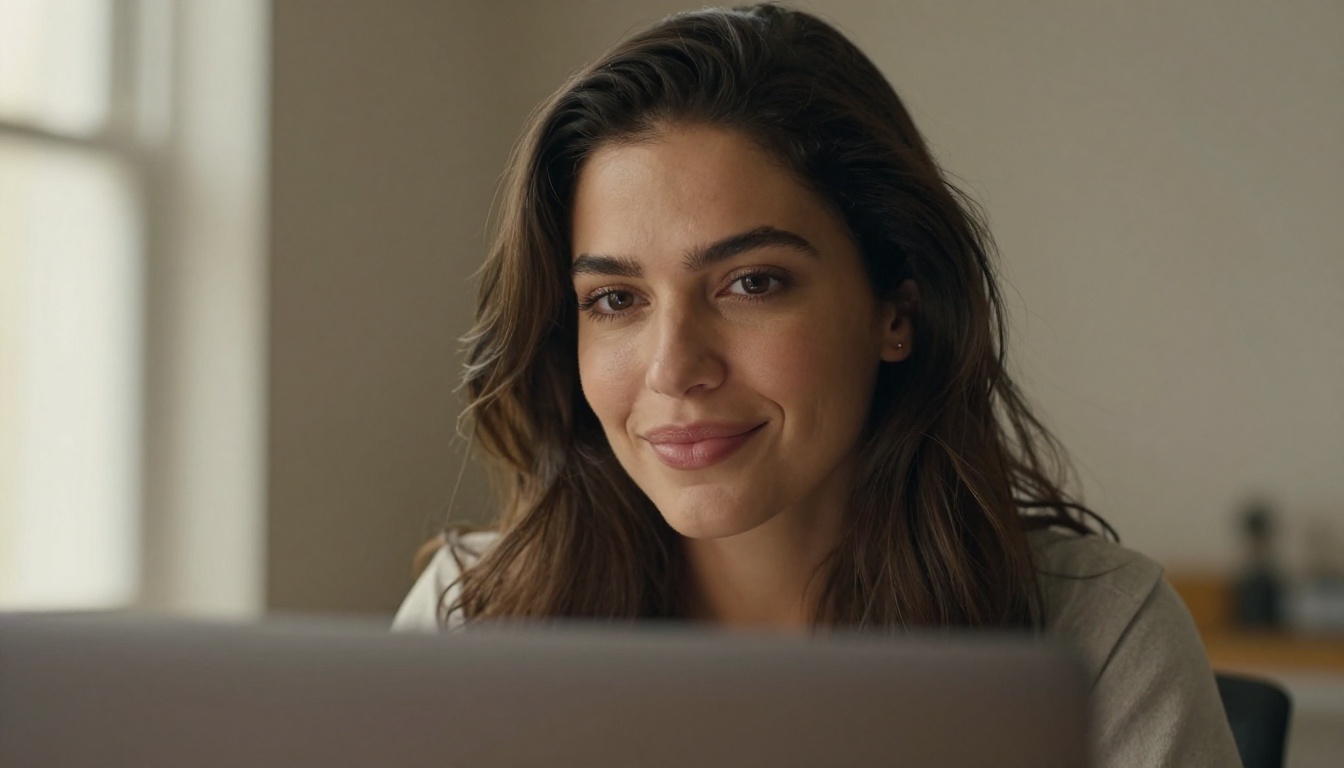 Confident woman sitting at desk with soft natural window light and relaxed smile