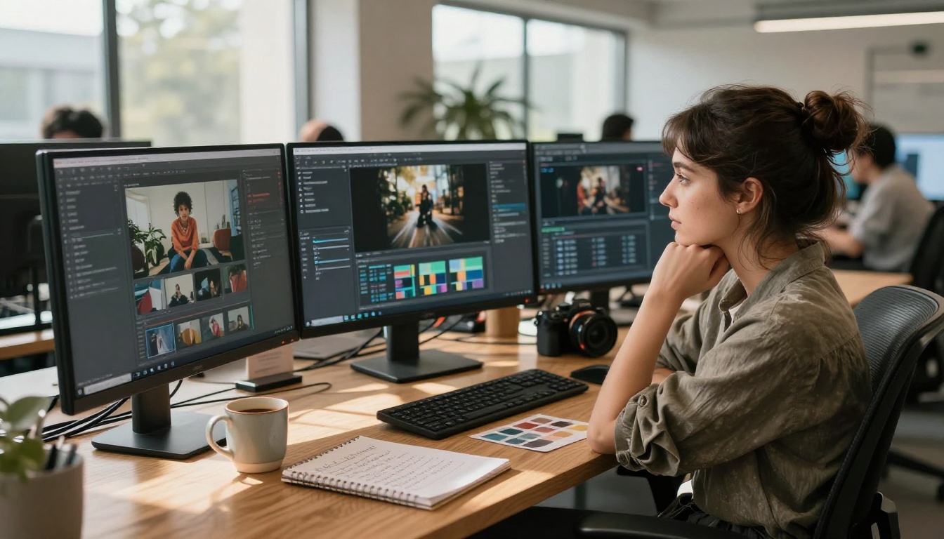 Creative professional comparing AI video outputs at multi-monitor workstation