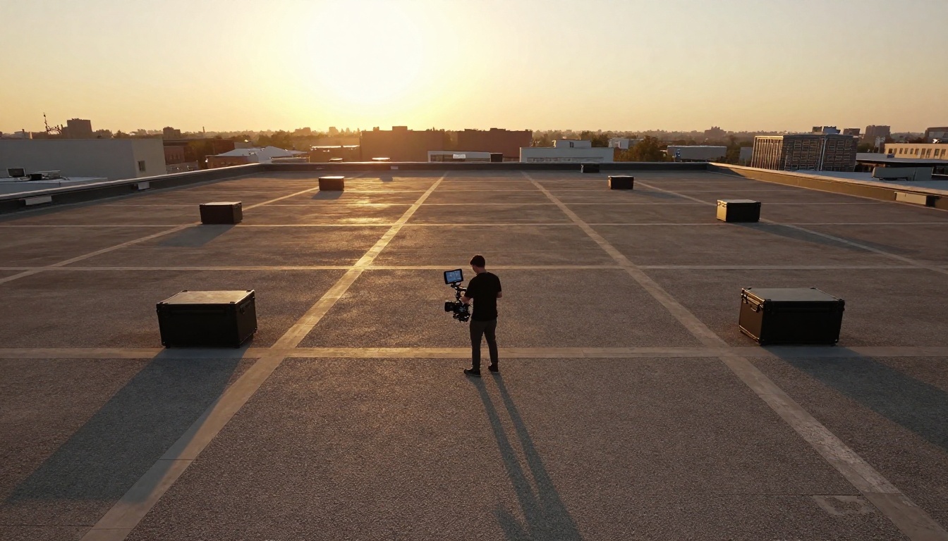 Aerial view of cinematographer on rooftop reviewing footage at golden hour