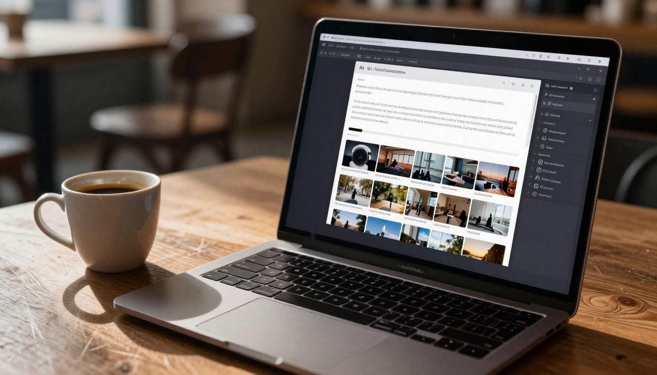 AI video generation interface on laptop screen in café setting