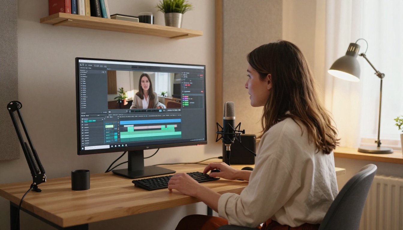 Female content creator at home recording studio reviewing video output