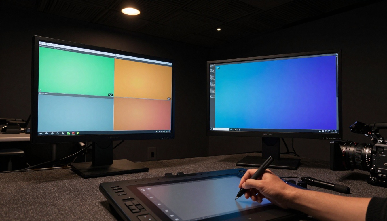 Two professional reference monitors in post-production color suite