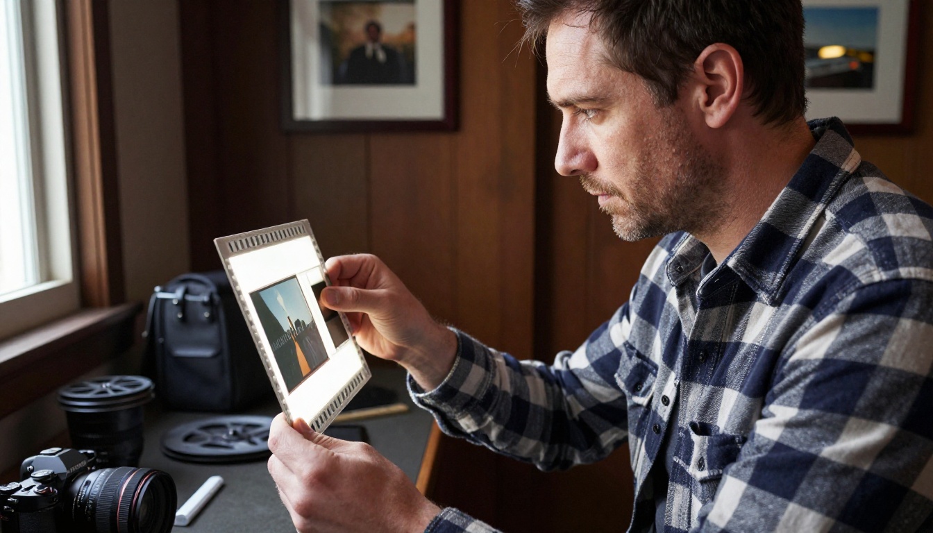 Cinematographer examining film frames in private screening room