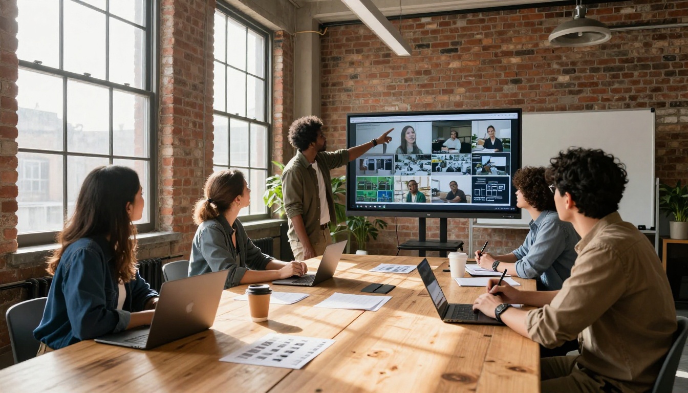 Creative agency team reviewing video storyboard on wall monitor in loft office