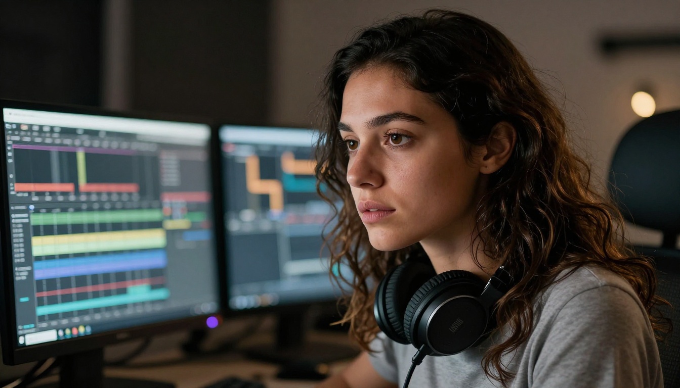 Portrait of focused videographer at editing suite lit by monitor glow
