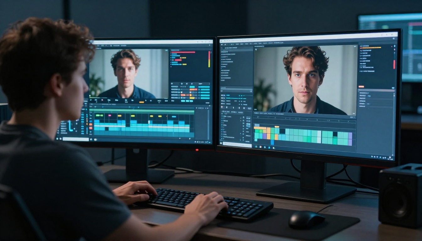 AI filmmaker reviewing video content at a professional editing workstation