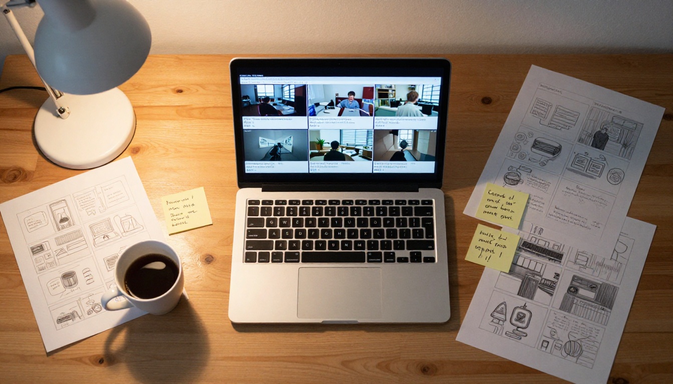 Aerial flat lay of creative workspace with storyboards and laptop