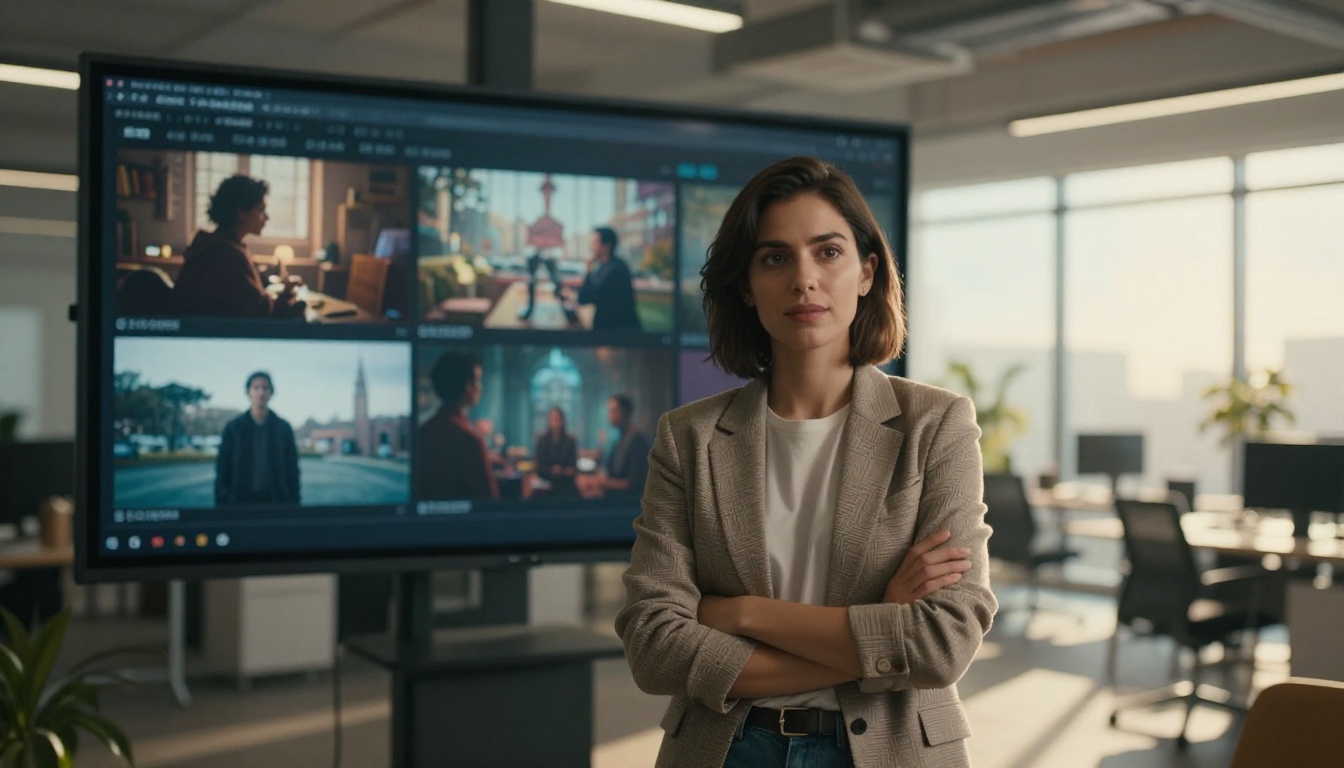 Woman director standing confidently in modern creative office reviewing AI-generated footage