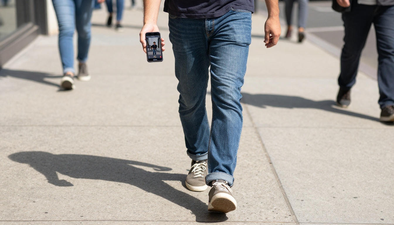 Man walking through sunlit city street holding smartphone with AI video app