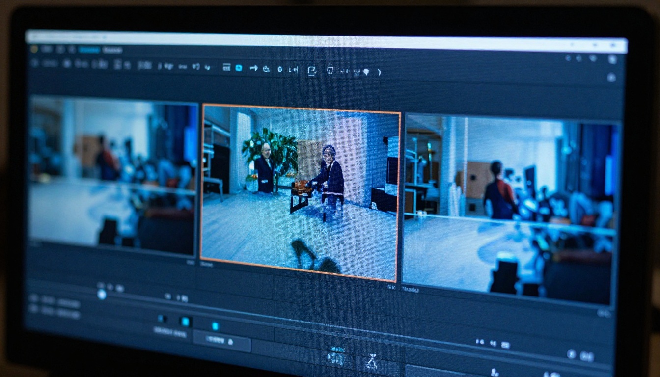 Three AI video clips side by side on a professional monitor