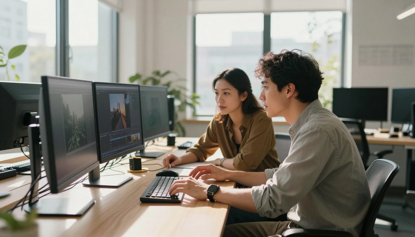 Two professionals collaborating on AI video content at a studio desk