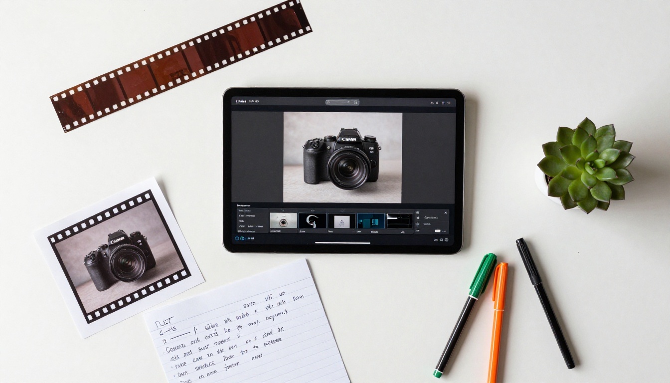 Overhead creative workspace with camera, film strips, tablet, and notes