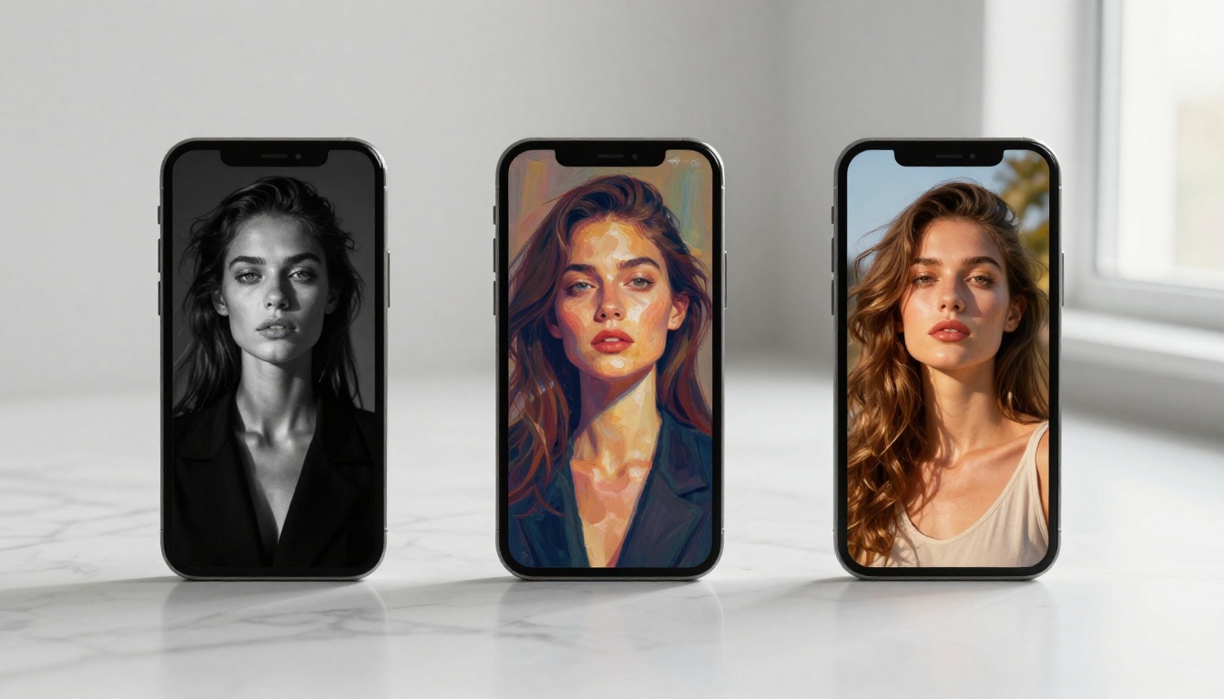 Three smartphones displaying different AI image styles side by side